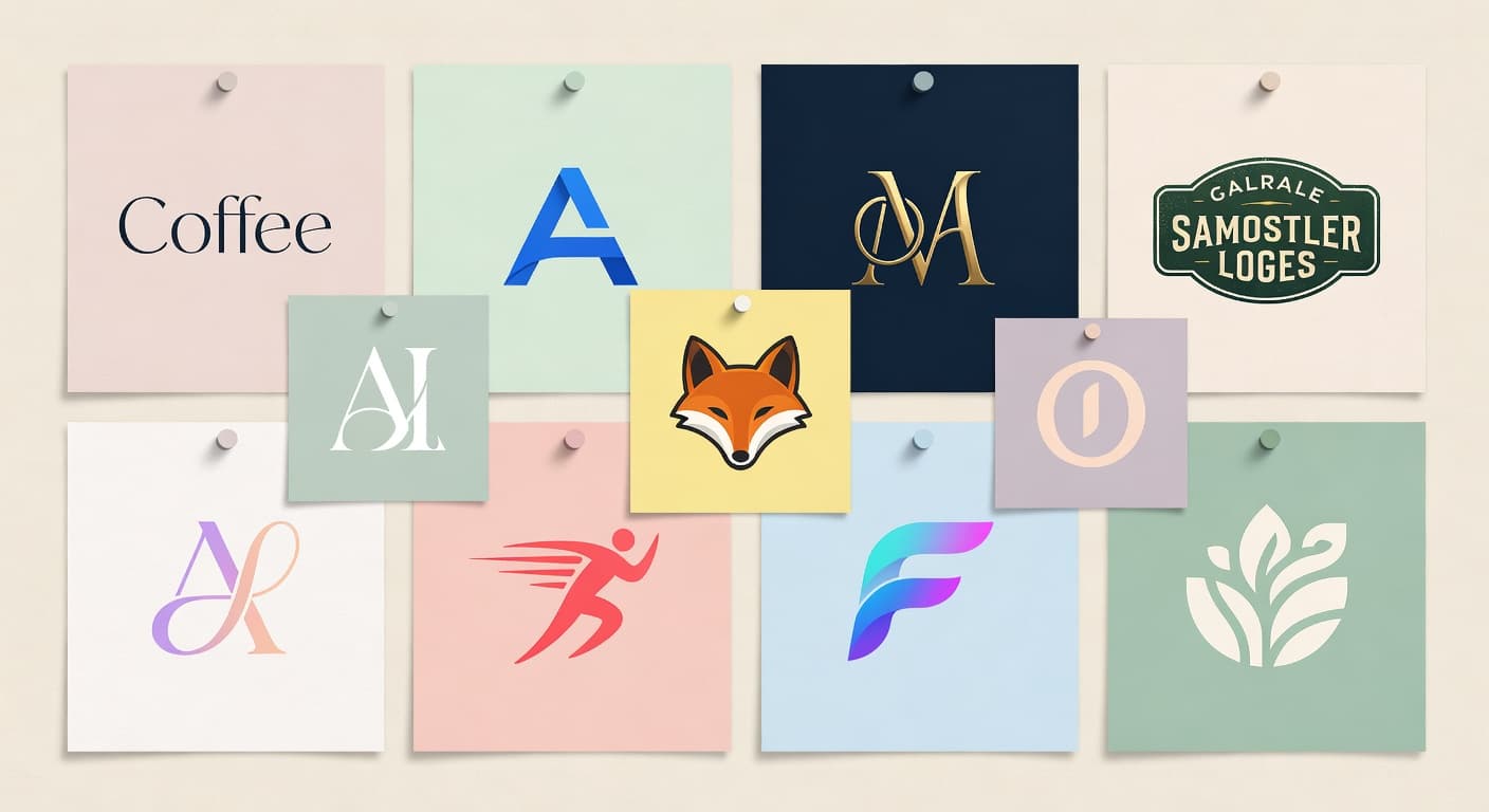 Editorial mood board of AI generated logo concepts in mixed styles created with Logify AI Logo Maker