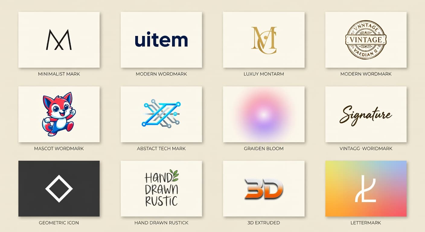 Editorial grid of fourteen AI generated logo styles created with the Logify AI logo maker