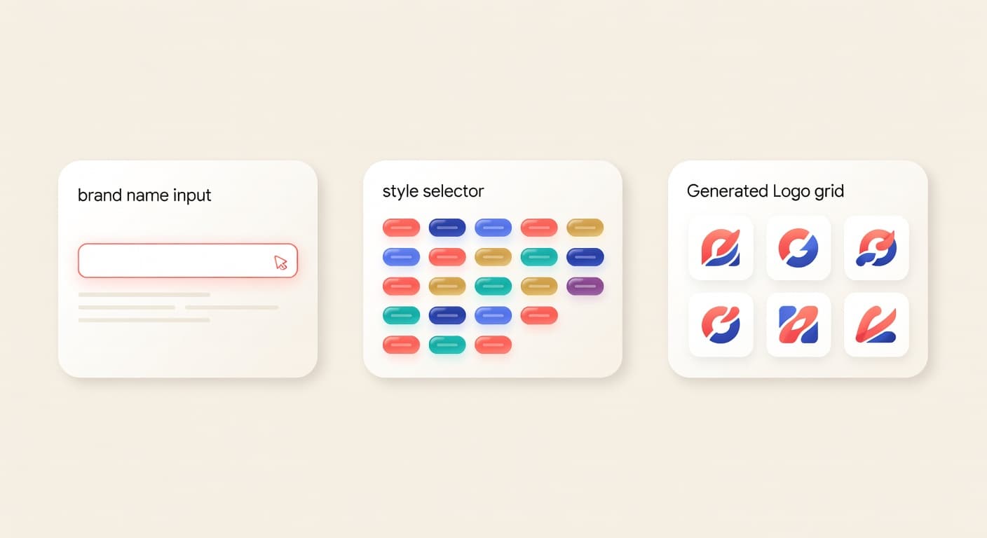 Visual workflow showing the brand name input, style selector and generated logo grid inside the Logify AI logo maker app